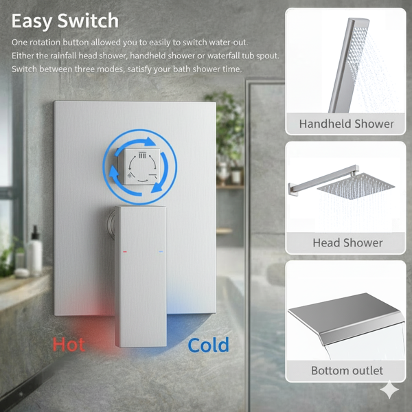 公制NPT淋浴龙头套装，浴室瀑布式淋浴系统，高压10英寸花洒头和手持淋浴喷头，带饰件和分流器的壁挂式浴缸龙头淋浴阀，拉丝镍材质【周末不发货，TK/TEMU订单仅支持自提】-10