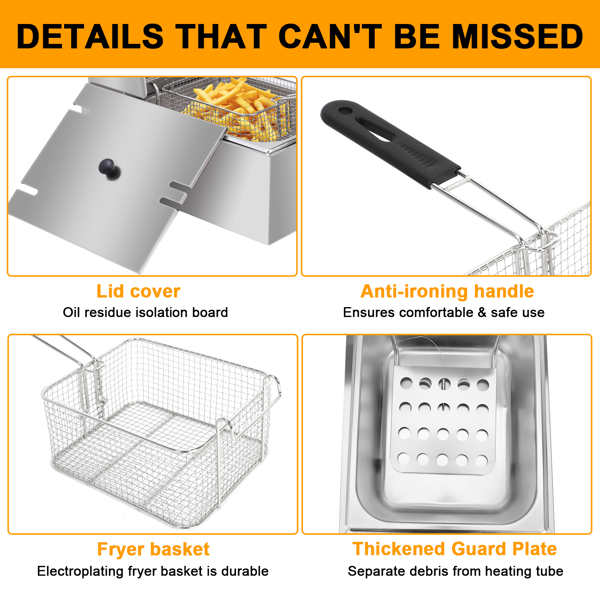 【同款编码：20073155】美规 EH81 110V 2500 11.4QT/10.8L 电炸锅 银色 不锈钢 单缸/调温/ETL电源线-17