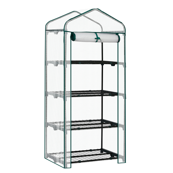 27*19*62in PE布花房 白色PE布 墨绿色铁管 尖顶迷你带4层网格花架 带拉链卷门-14