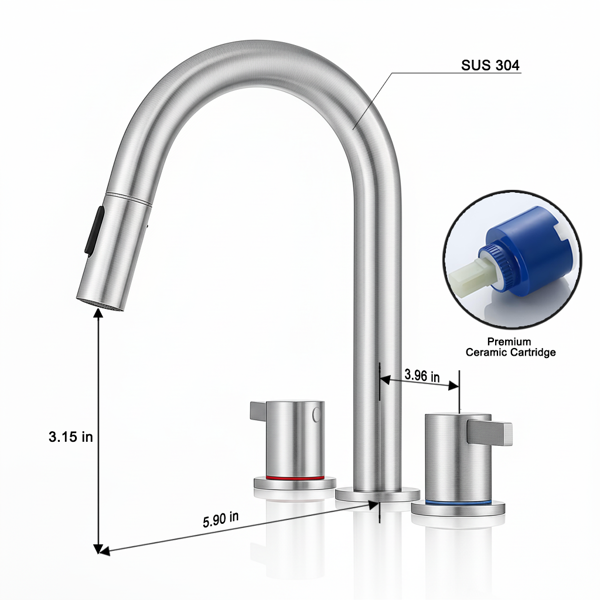 8英寸宽幅洗手池水龙头，双把手三孔设计，配备弹起式排水器和360°下拉式喷头，拉丝镍[周末无法发货，TK/TEMU仅支持自提]-8