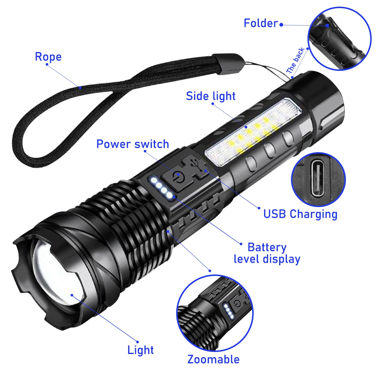 （2Pack）USB Rechargeable LED Flashlight Adjustable Focus Camping Hiking Outdoor Flashlight Work Light_voghion.com