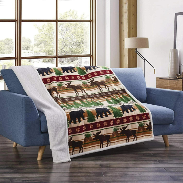 圣诞荒野熊鹿图案法兰绒羊羔绒内衬盖毯 50×60 英寸-1