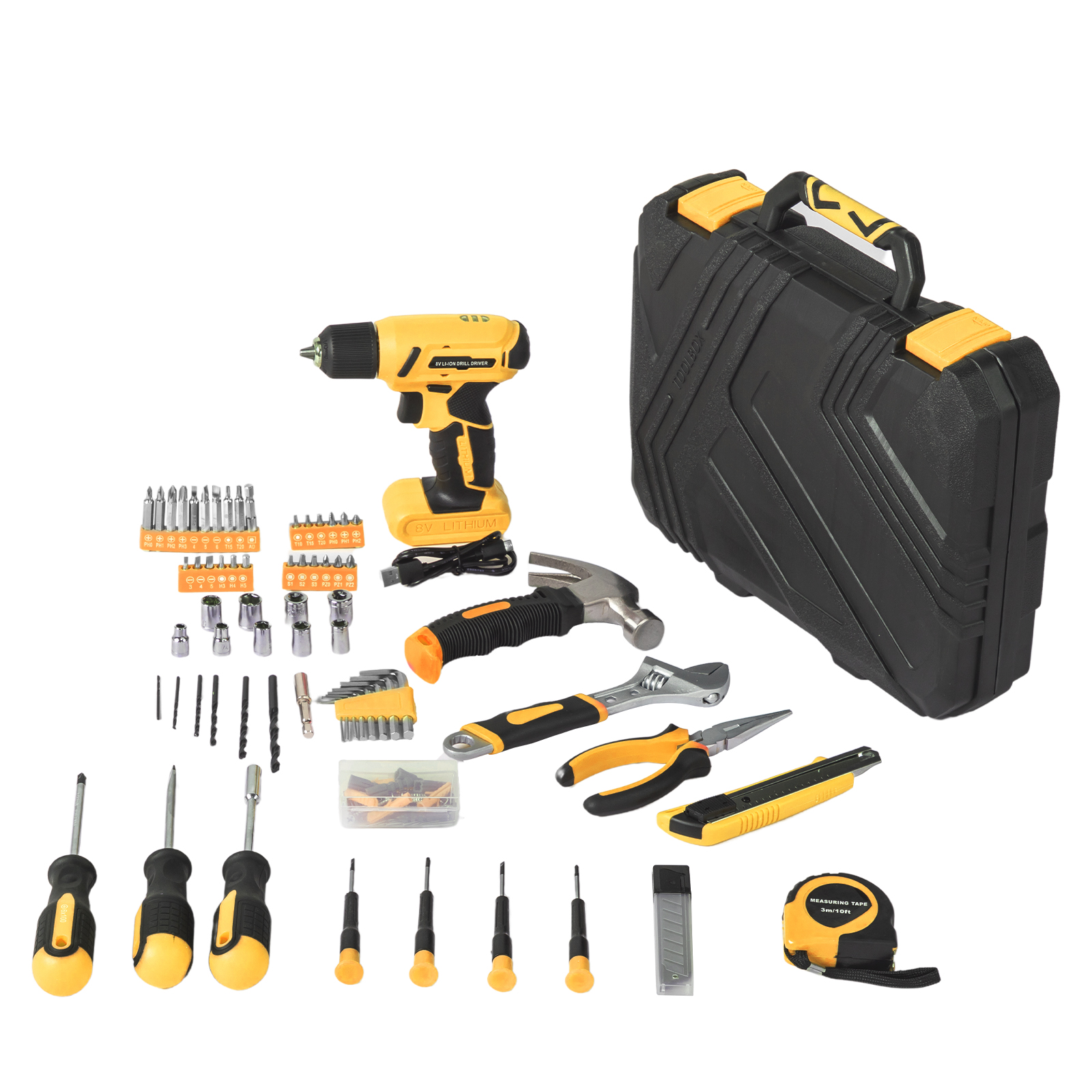 [Same code: 64201288]146-Piece Drill Set with 8V Yellow Cordless Drill, Home Tool Kit with Drill view 2