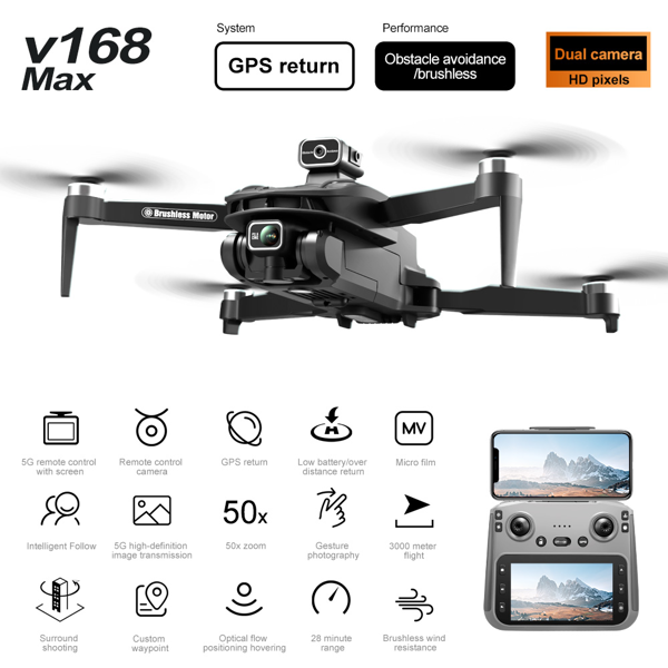 V168  Drone | Front-mounted 8K HD PTZ Camera, 4.5-inch Screen Remote Control, Brushless Motors, GPS Return-to-home, Gesture Control, 360° Roll, Dual Lenses, Foldable Design-7