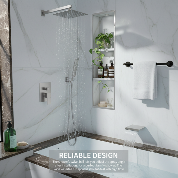 公制NPT淋浴龙头套装，浴室瀑布式淋浴系统，高压10英寸花洒头和手持淋浴喷头，带饰件和分流器的壁挂式浴缸龙头淋浴阀，拉丝镍材质【周末不发货，TK/TEMU订单仅支持自提】-11