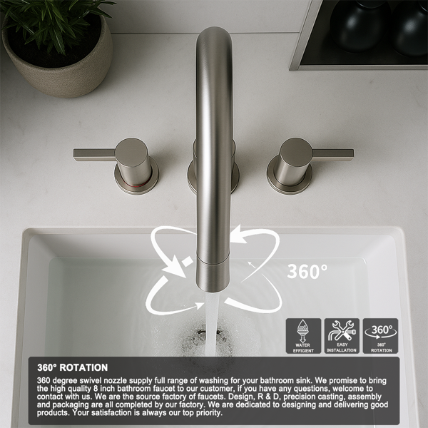 8英寸宽幅浴室水龙头，双把手三孔设计，配备360°下拉式喷头和弹起式下水器，拉丝镍[周末无法发货，TK/TEMU仅支持自提]-11