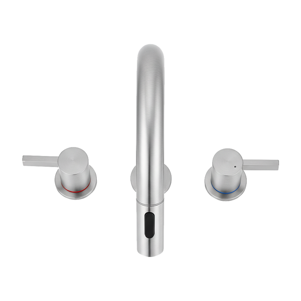 8英寸宽幅洗手池水龙头，双把手三孔设计，配备弹起式排水器和360°下拉式喷头，拉丝镍[周末无法发货，TK/TEMU仅支持自提]-2