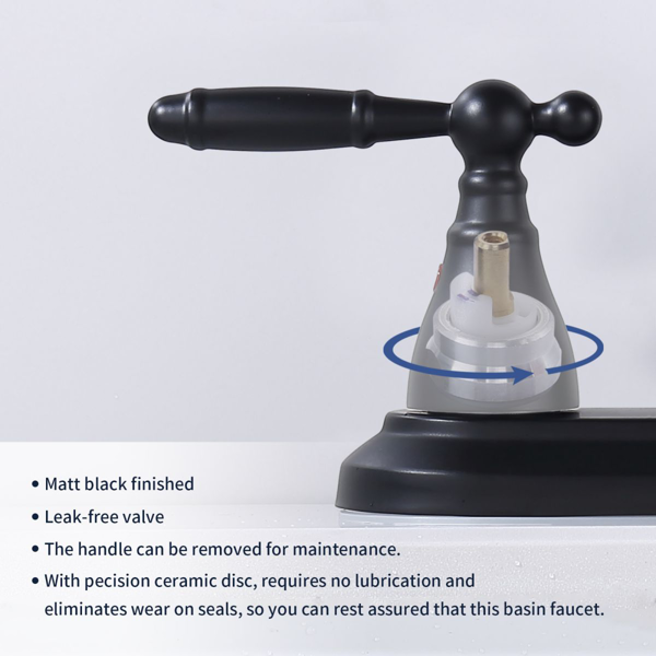浴室水龙头哑黑360度高弧形旋转喷嘴4英寸中心套梳妆台水龙头现代浴室水龙头3孔厕所水龙头不漏水【周末不发货，TK/TEMU订单仅支持自提】-7