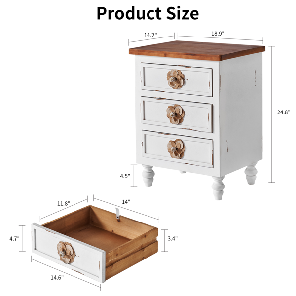 复古农舍风格边桌，带花卉旋钮 – 19 英寸乡村风床头柜，带 3 个抽屉和葫芦形桌腿，可用作床边桌或沙发边桌，几乎完全组装，做旧白色，不支持self-pick up且不支持指定仓库发货-3