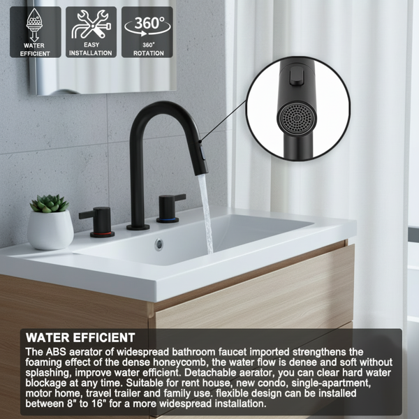 8英寸宽幅洗手池水龙头，双把手三孔设计，配备弹起式排水器和360°下拉式喷头，哑光黑[周末无法发货，TK/TEMU仅支持自提]-12