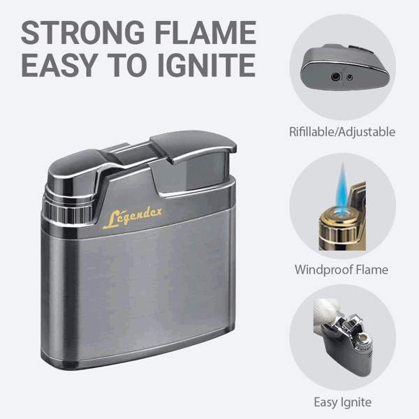 LEGENDEX®攀登者* 银色防风打火机复古风格用于雪茄香烟厨房户外可重复充气可调节火焰高度便携式-5