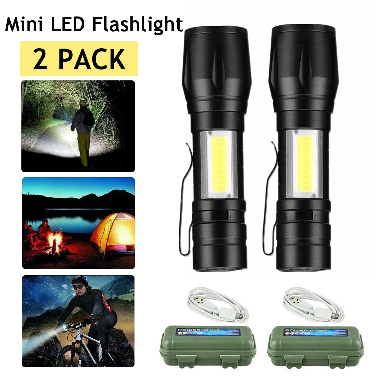 2 Pack USB Rechargeable Small LED Flashlights Camping Flashlight Work Light_voghion.com