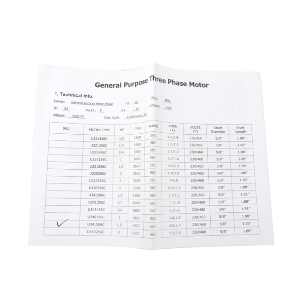 交流电机 MA0515E AC Motor, 1-1/2HP, 1725RPM,3PH/60HZ, 206-230V/460V, 56C/TEFC, With Removable Base-10