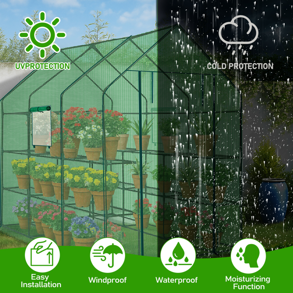 56*85*77in PE布花房 绿色PE布 墨绿色铁管 尖顶 带12片网格花架 带拉链卷门-7