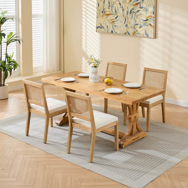 乡村风藤编餐椅（两把装）——中世纪现代风格厨房与餐厅椅，天然硬木框架配藤编软包座面，米色-3