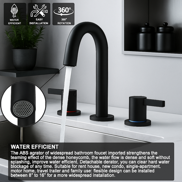 8英寸宽幅洗手盆龙头，双把手三孔设计，带360°旋转喷嘴和弹起式排水器，哑光黑[周末无法发货，TK/TEMU仅支持自提]-14