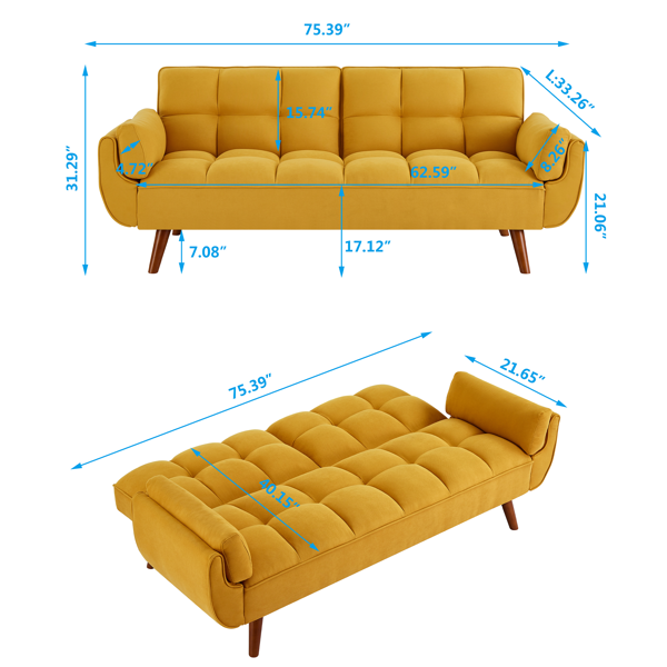 75英寸喇叭扶手可转换双人沙发床-黄色-9