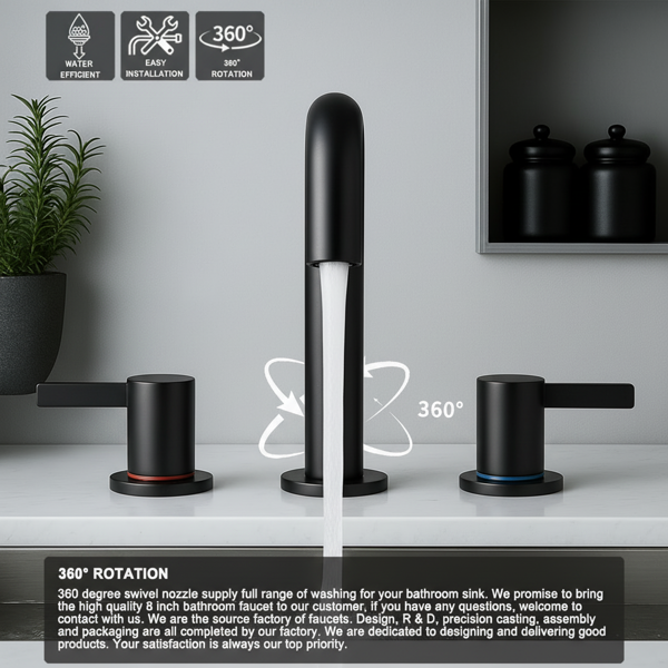 8英寸宽幅洗手盆龙头，双把手三孔设计，带360°旋转喷嘴和弹起式排水器，哑光黑[周末无法发货，TK/TEMU仅支持自提]-4