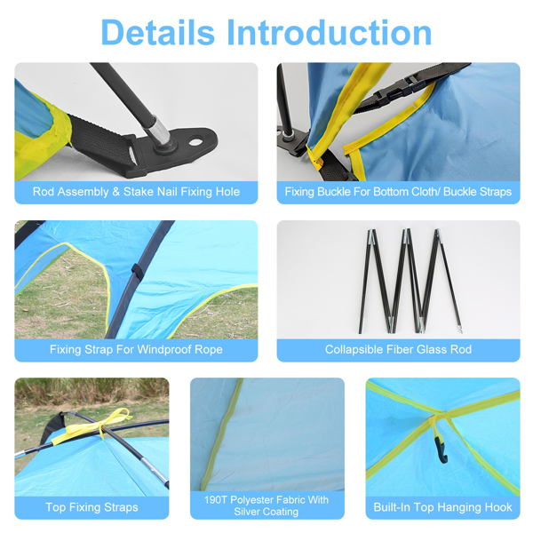 （自提可发加拿大，temu&tk下自提单）海滩帐篷遮阳棚 UPF50+ 防紫外线，6.9x6.9英尺海滩遮阳帐篷，适合4-6名成人，便携式户外遮阳帐篷，附带收纳袋---蓝色-3