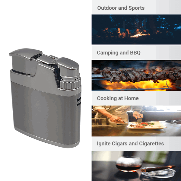 LEGENDEX®攀登者* 银色防风打火机复古风格用于雪茄香烟厨房户外可重复充气可调节火焰高度便携式-6