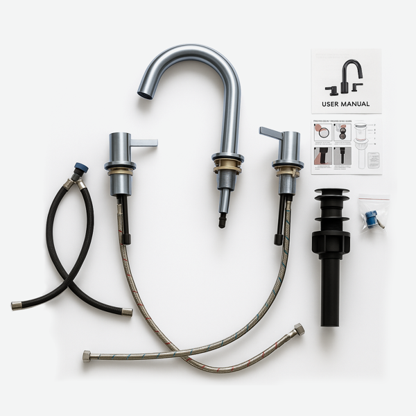 8英寸宽幅洗手盆龙头，双把手三孔设计，带360°旋转喷嘴和弹起式排水器，拉丝镍[周末无法发货，TK/TEMU仅支持自提]-9