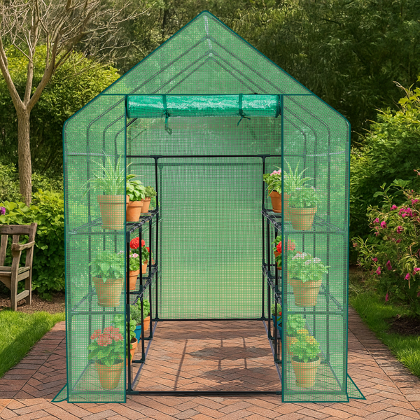 56*85*77in PE布花房 绿色PE布 墨绿色铁管 尖顶 带12片网格花架 带拉链卷门-15