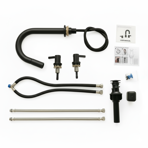 8英寸宽幅洗手池水龙头，双把手三孔设计，配备弹起式排水器和360°下拉式喷头，哑光黑[周末无法发货，TK/TEMU仅支持自提]-6