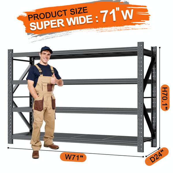 Temu 仅支持自提 重型车库货架单元70.1"H"71"W 24"D，4层钢制可调节金属储物架，3000磅工业货架，用于车库组织、地下室、仓库、车间、工具架-2