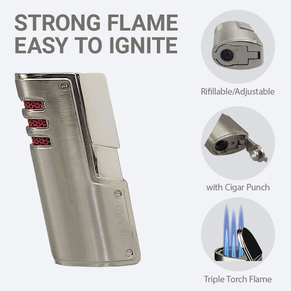 SIKARO®旋风* 三直冲专用高档雪茄打火机带雪茄打孔器白镍银色雪茄香烟厨房户外可重复充气可调节火焰高度便携式-5