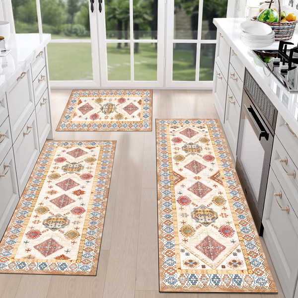 (水晶绒水洗底)厨房地毯3件套，防滑机洗厨房垫，波西米亚复古厨房地毯-9