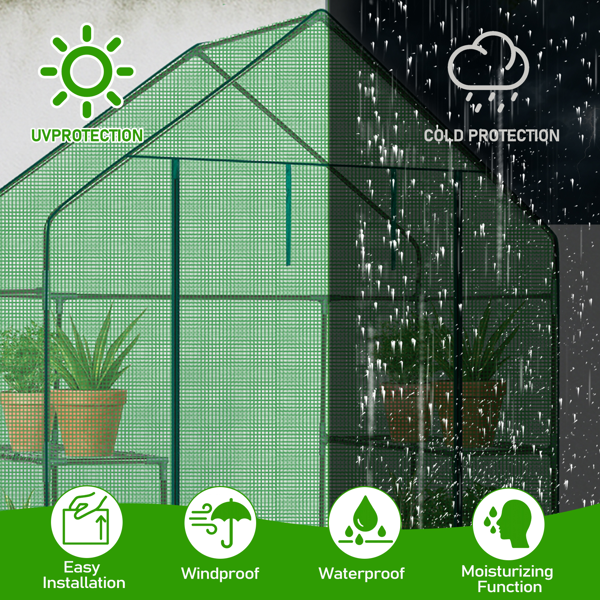 56*29*77in PE布花房 绿色PE布 墨绿色铁管 尖顶 带4片网格花架 带拉链卷门-3