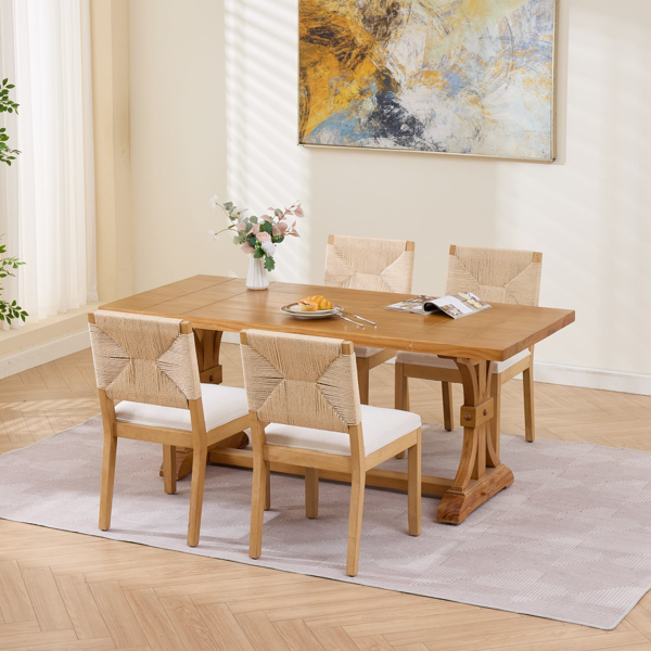 中世纪现代风格藤编餐椅两件套，木质餐椅，藤编靠背，软垫座椅，亚麻布软垫，天然饰面，米色，SW1883MT-7