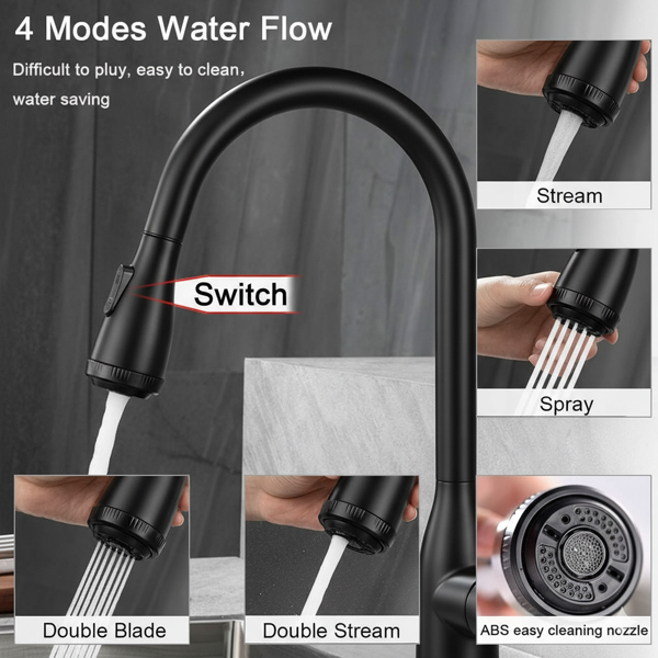 单柄高弧度哑黑厨房水槽拉出式水龙头，配备4种喷洒模式，单层不锈钢材质，带下拉式喷头【周末不发货，TK/TEMU订单仅支持自提】-4