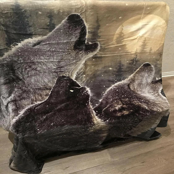 柔软蓬松法兰绒丝滑触感盖毯 50×60 英寸 狼啸图案款-2