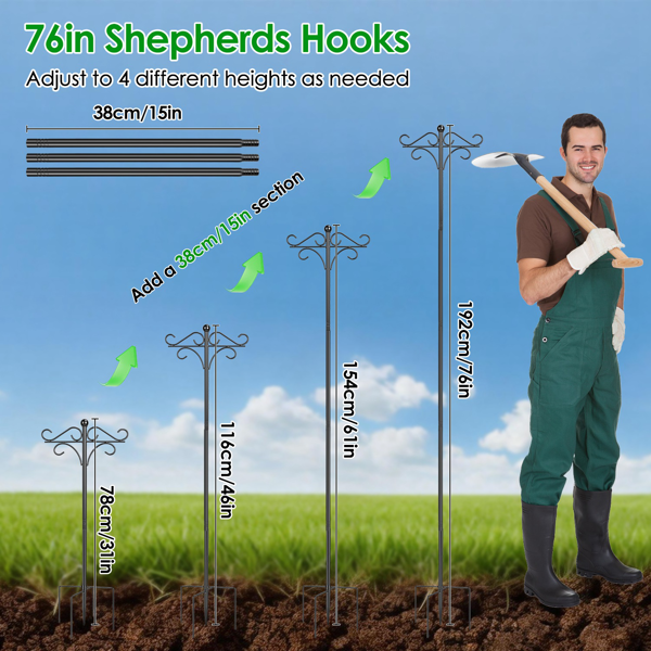 （自提可发加拿大，temu&tk下自提单）户外牧羊钩，五爪底座可调高度花园挂钩，双面挂钩设计，坚固铁艺金属挂架，适用于鸟食槽、灯笼、花篮、风铃及庭院装饰。-7