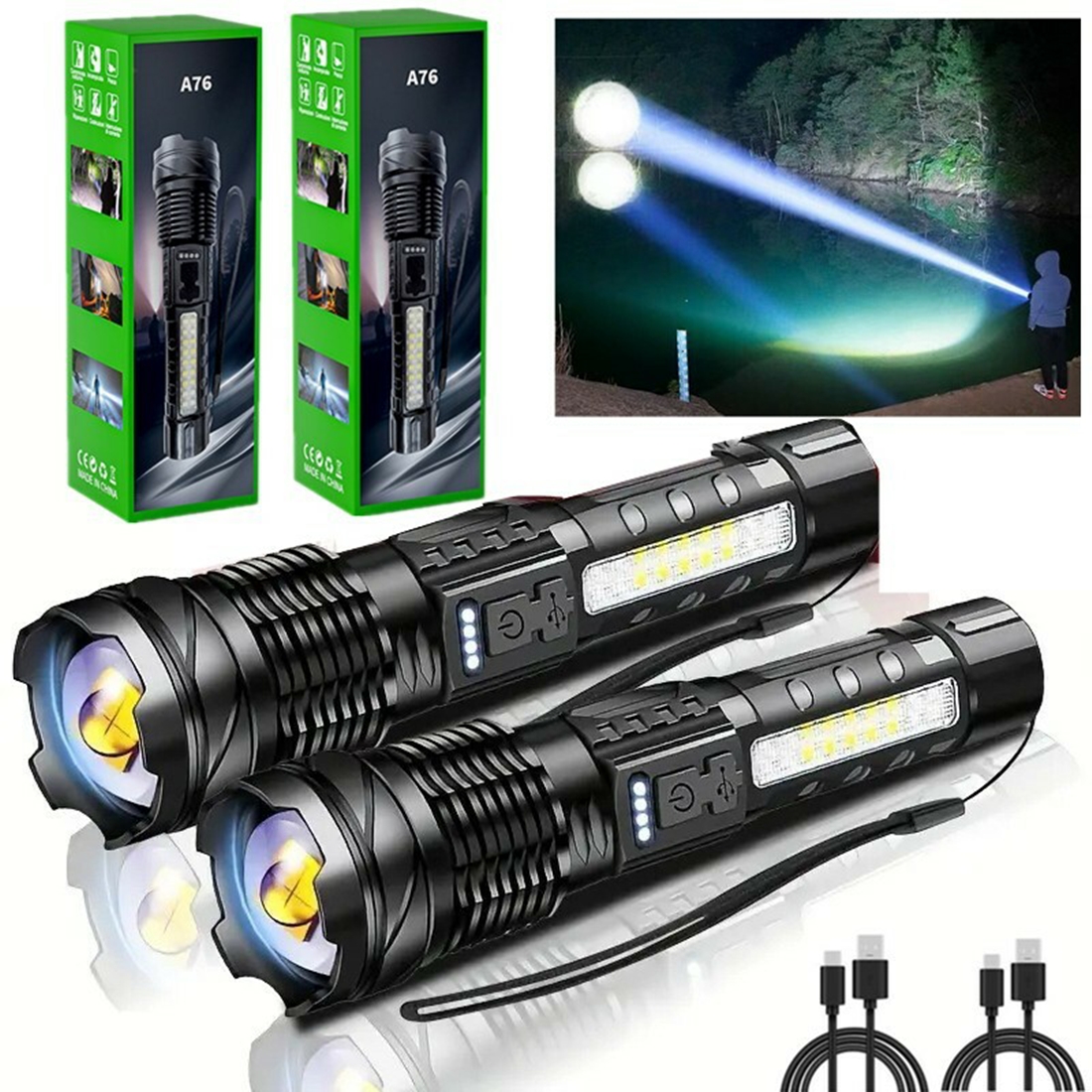 (2Pack)USB Rechargeable LED Flashlight Adjustable Focus Camping Hiking Outdoor Flashlight Work Light_voghion.com