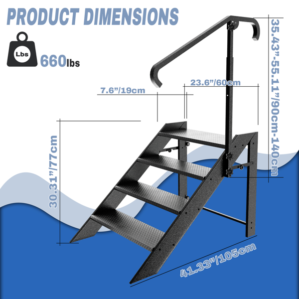 可折叠阶梯凳，4 级折叠阶梯，带高度可调扶手和防滑脚垫的房车阶梯，适用于家庭、旅行拖车、露营车、移动房屋、水疗中心和门廊的热水浴缸阶梯-2