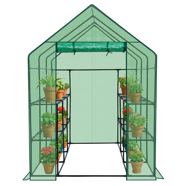 56*85*77in PE布花房 绿色PE布 墨绿色铁管 尖顶 带12片网格花架 带拉链卷门-8