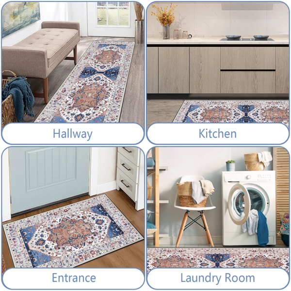 (水晶绒水洗底)厨房地毯3件套，防滑机洗厨房垫，波西米亚复古厨房地毯-7