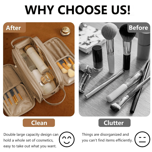 大容量化妆品收纳盒，旅行化妆包收纳器，旅行用大容量洗漱包，带隔层和提手的防水PU皮革化妆包-7