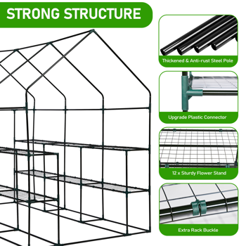 56*85*77in PE布花房 白色PE布 墨绿色铁管 尖顶 带12片网格花架 带拉链卷门