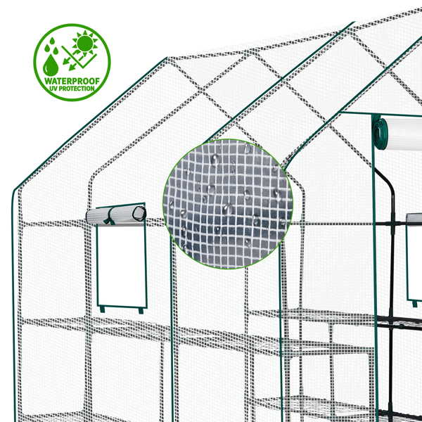 56*85*77in PE布花房 白色PE布 墨绿色铁管 尖顶 带12片网格花架 带拉链卷门-4