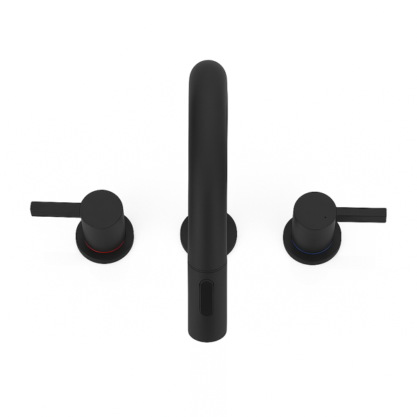 8英寸宽幅洗手池水龙头，双把手三孔设计，配备弹起式排水器和360°下拉式喷头，哑光黑[周末无法发货，TK/TEMU仅支持自提]-8