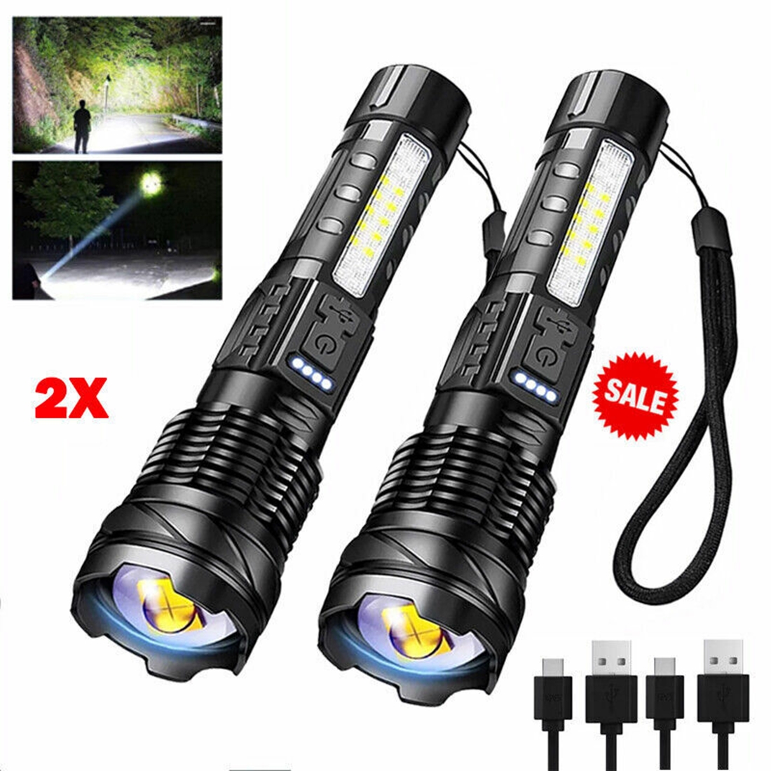 （2Pack）USB Rechargeable LED Flashlight Adjustable Focus Camping Hiking Outdoor Flashlight Work Light_voghion.com