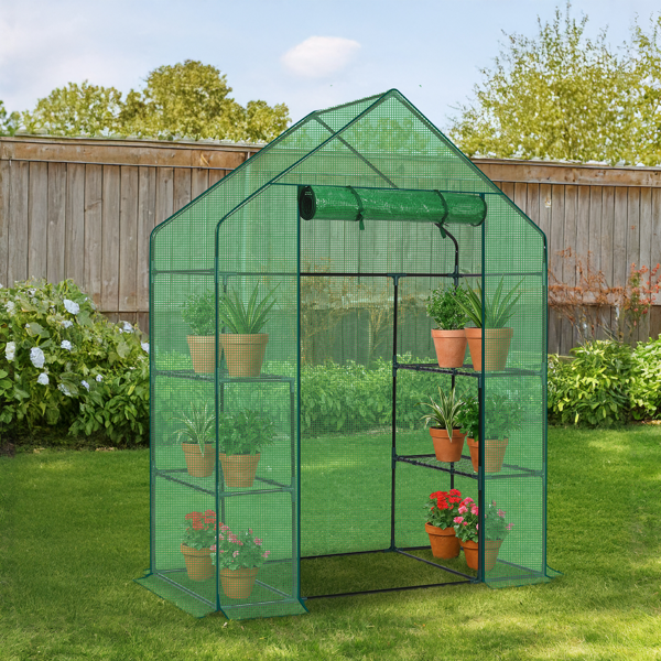 56*29*77in PE布花房 绿色PE布 墨绿色铁管 尖顶 带4片网格花架 带拉链卷门-18