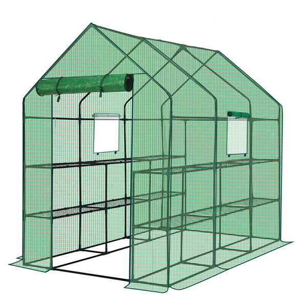56*85*77in PE布花房 绿色PE布 墨绿色铁管 尖顶 带12片网格花架 带拉链卷门-11