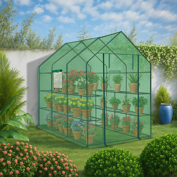 56*85*77in PE布花房 绿色PE布 墨绿色铁管 尖顶 带12片网格花架 带拉链卷门-16