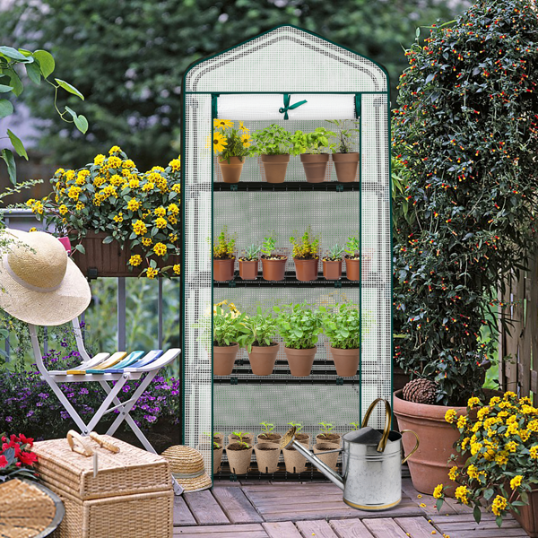 27*19*62in PE布花房 白色PE布 墨绿色铁管 尖顶迷你带4层网格花架 带拉链卷门-24