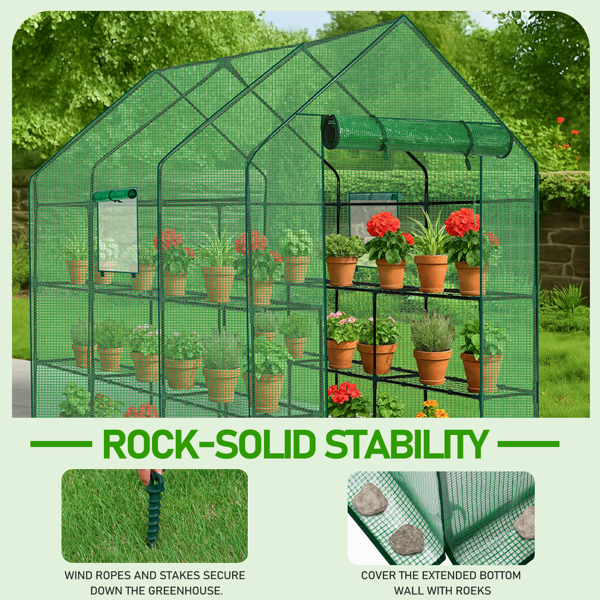 56*85*77in PE布花房 绿色PE布 墨绿色铁管 尖顶 带12片网格花架 带拉链卷门-12