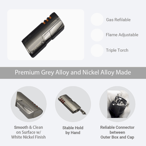 SIKARO®旋风* 三直冲专用高档雪茄打火机带雪茄打孔器黑镍枪黑雪茄香烟厨房户外可重复充气可调节火焰高度便携式-4